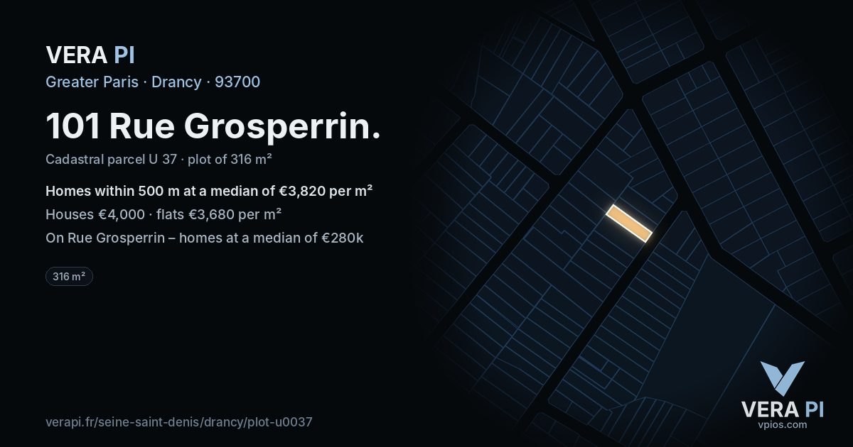 101 Rue Grosperrin, Drancy at night – the plot lit, the parcels around coloured by the prices near them