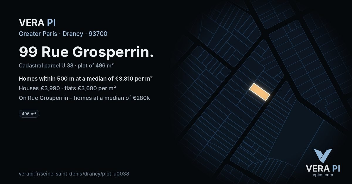 99 Rue Grosperrin, Drancy at night – the plot lit, the parcels around coloured by the prices near them