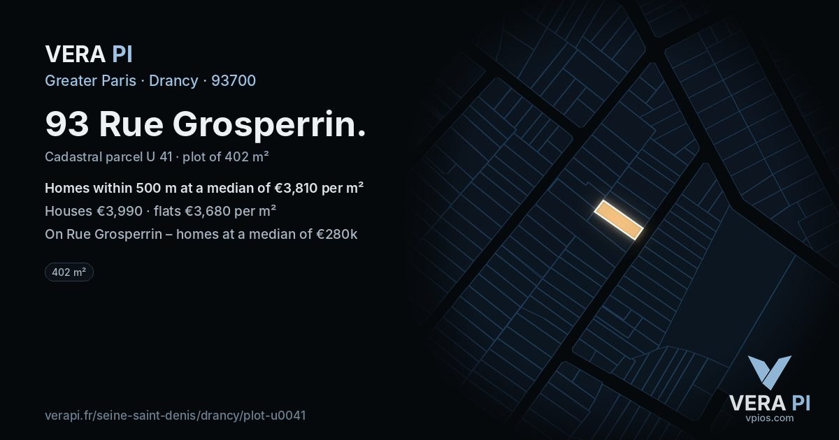93 Rue Grosperrin, Drancy at night – the plot lit, the parcels around coloured by the prices near them