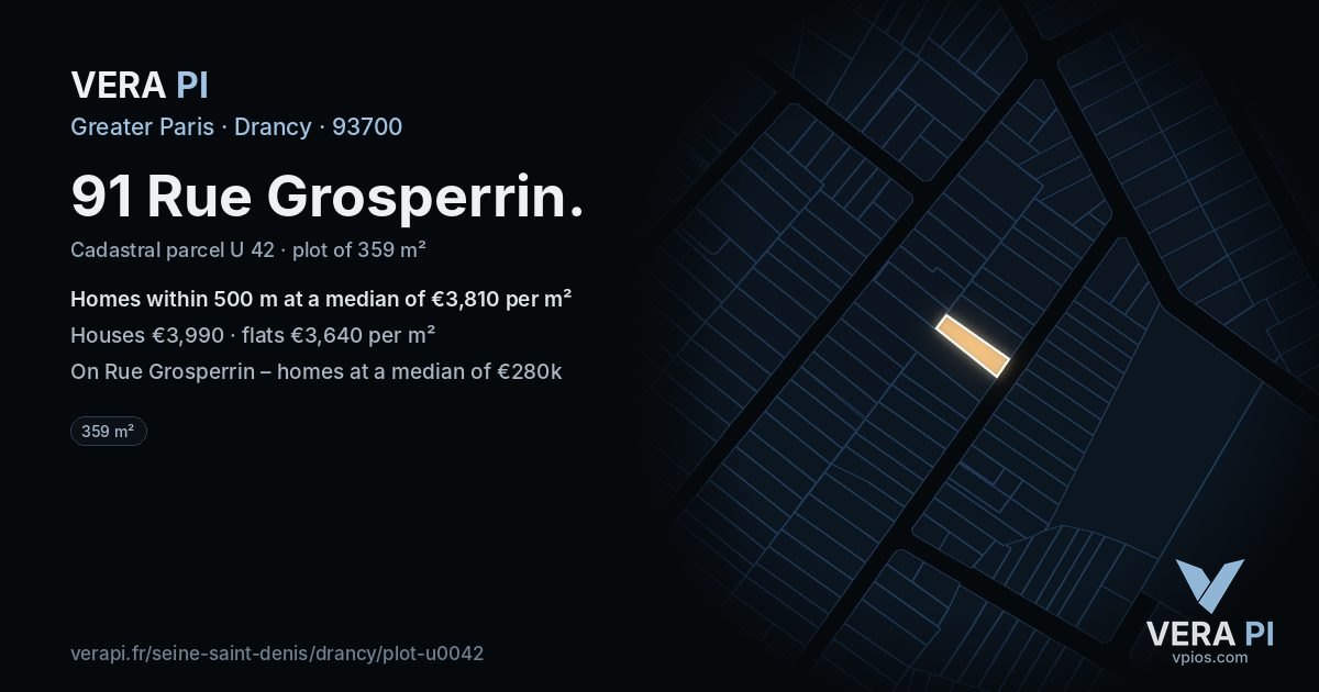 91 Rue Grosperrin, Drancy at night – the plot lit, the parcels around coloured by the prices near them