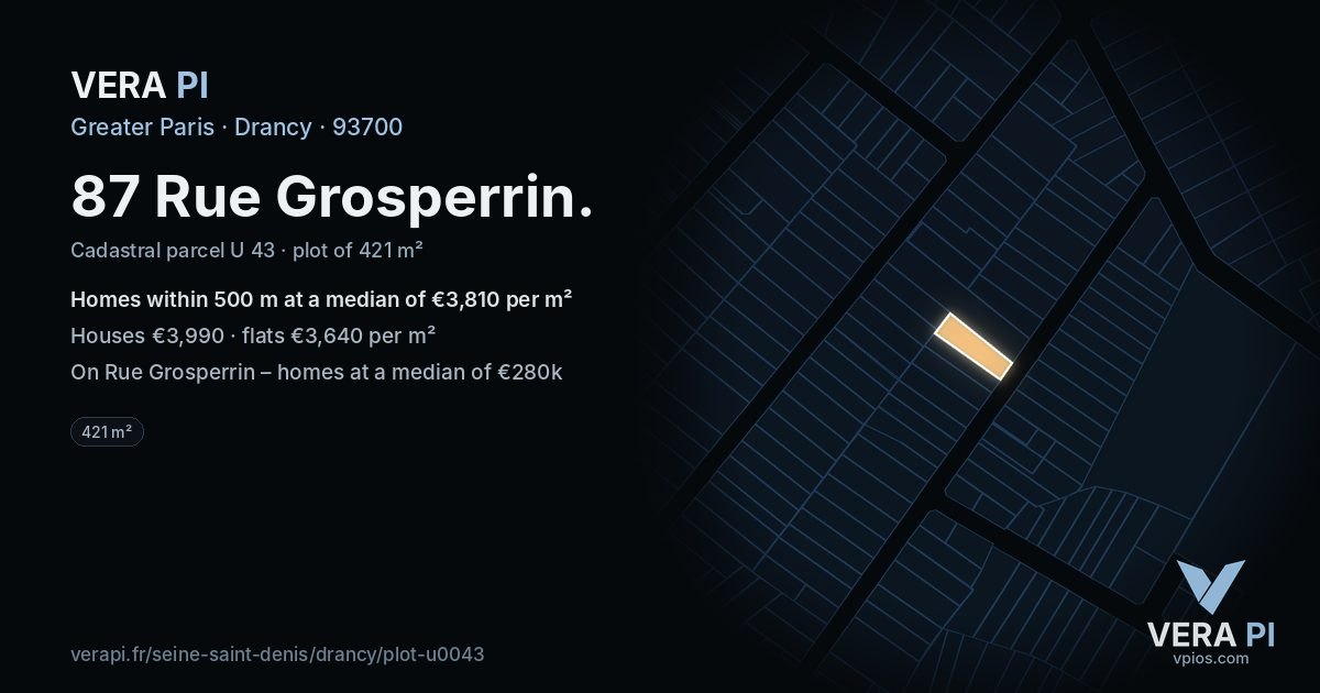 87 Rue Grosperrin, Drancy at night – the plot lit, the parcels around coloured by the prices near them