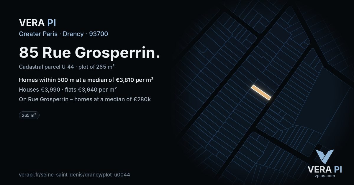 85 Rue Grosperrin, Drancy at night – the plot lit, the parcels around coloured by the prices near them