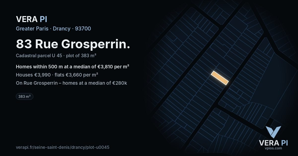 83 Rue Grosperrin, Drancy at night – the plot lit, the parcels around coloured by the prices near them