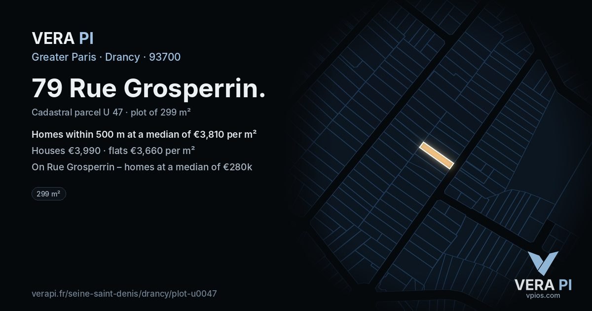 79 Rue Grosperrin, Drancy at night – the plot lit, the parcels around coloured by the prices near them