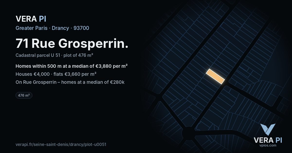 71 Rue Grosperrin, Drancy at night – the plot lit, the parcels around coloured by the prices near them