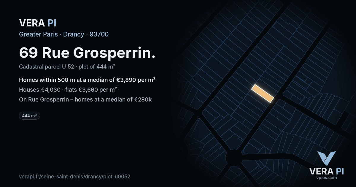 69 Rue Grosperrin, Drancy at night – the plot lit, the parcels around coloured by the prices near them