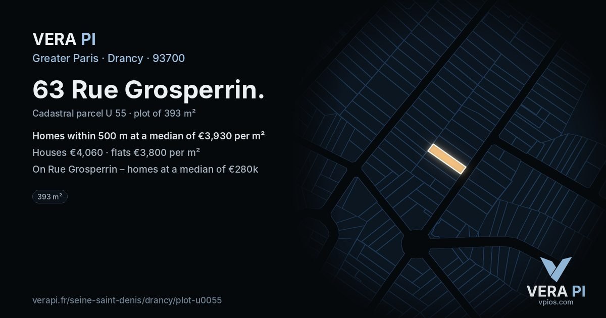 63 Rue Grosperrin, Drancy at night – the plot lit, the parcels around coloured by the prices near them