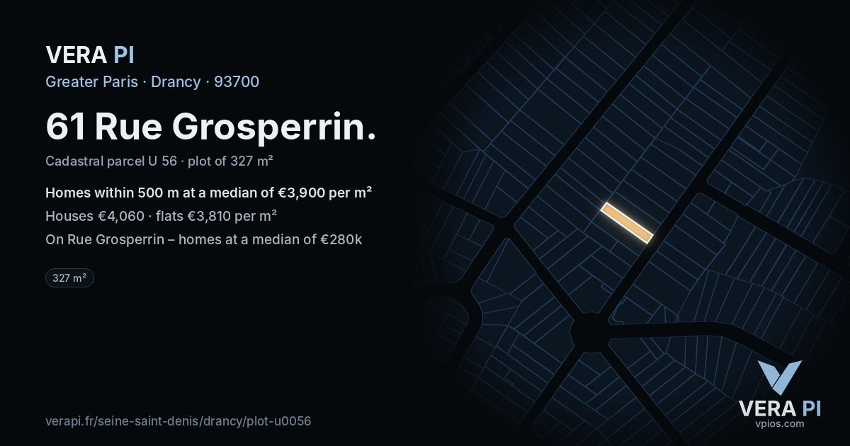 61 Rue Grosperrin, Drancy at night – the plot lit, the parcels around coloured by the prices near them