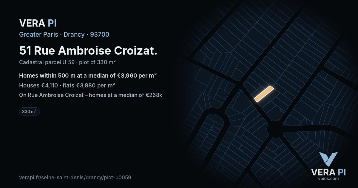 51 Rue Ambroise Croizat, Drancy at night – the plot lit, the parcels around coloured by the prices near them
