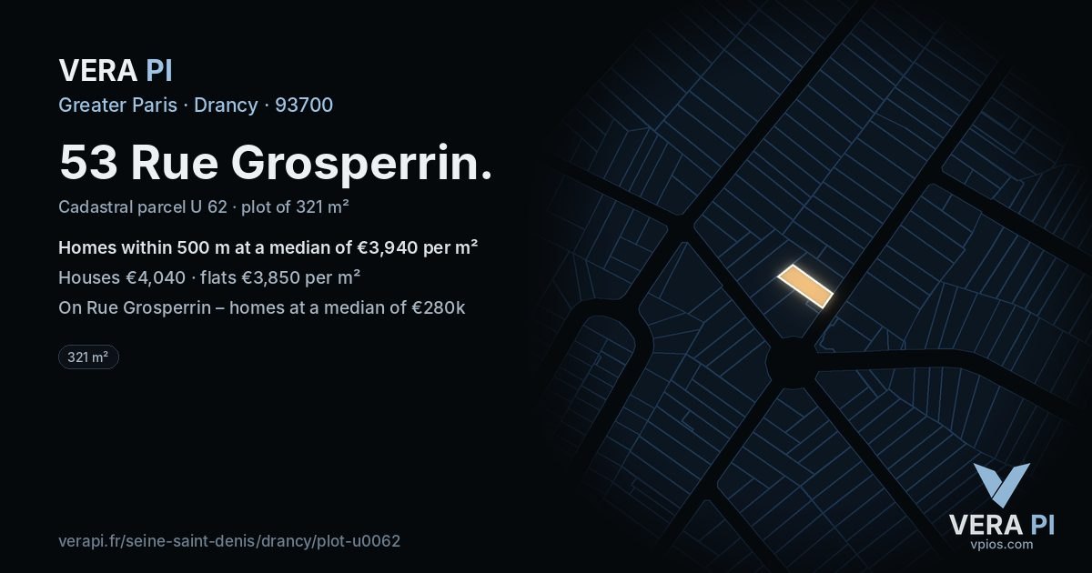 53 Rue Grosperrin, Drancy at night – the plot lit, the parcels around coloured by the prices near them