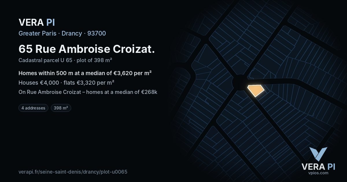65 Rue Ambroise Croizat, Drancy at night – the plot lit, the parcels around coloured by the prices near them