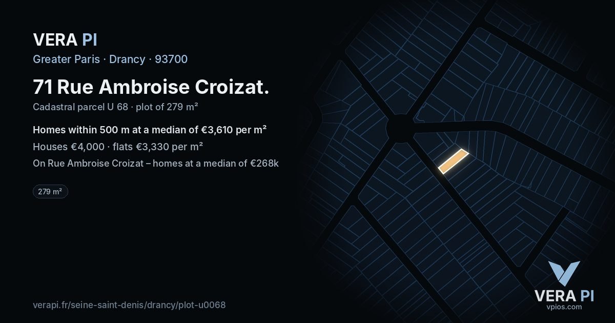 71 Rue Ambroise Croizat, Drancy at night – the plot lit, the parcels around coloured by the prices near them