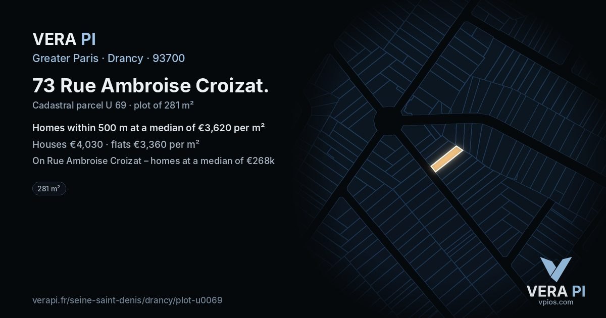 73 Rue Ambroise Croizat, Drancy at night – the plot lit, the parcels around coloured by the prices near them