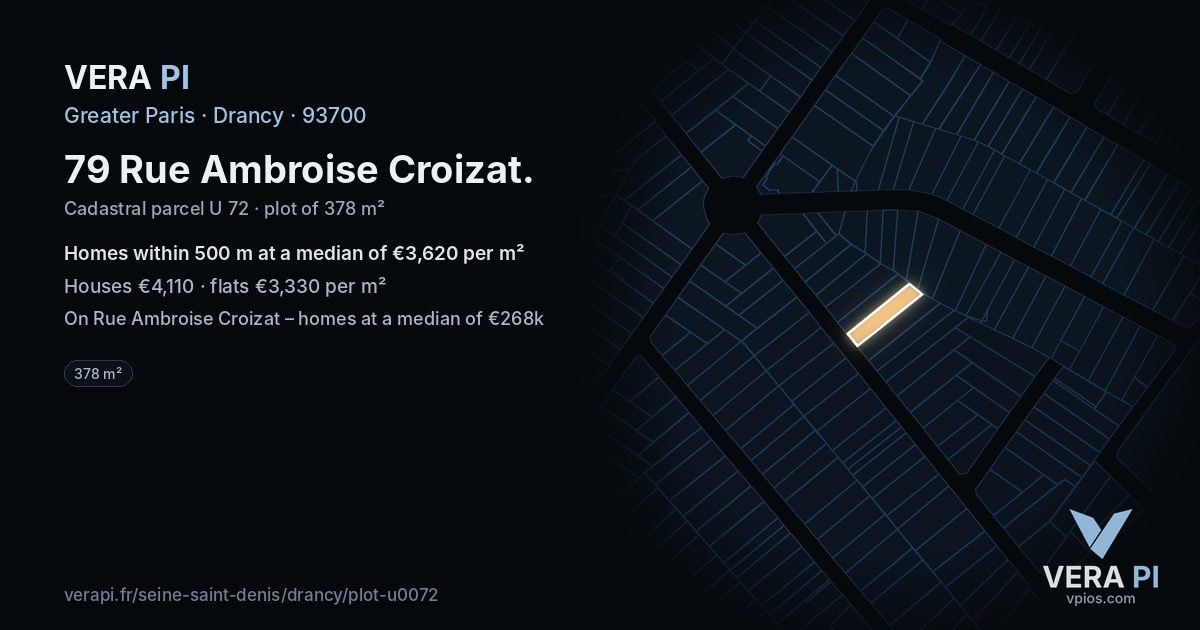 79 Rue Ambroise Croizat, Drancy at night – the plot lit, the parcels around coloured by the prices near them