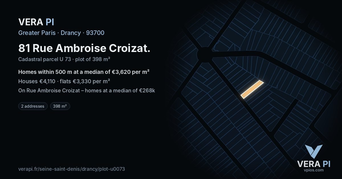 81 Rue Ambroise Croizat, Drancy at night – the plot lit, the parcels around coloured by the prices near them
