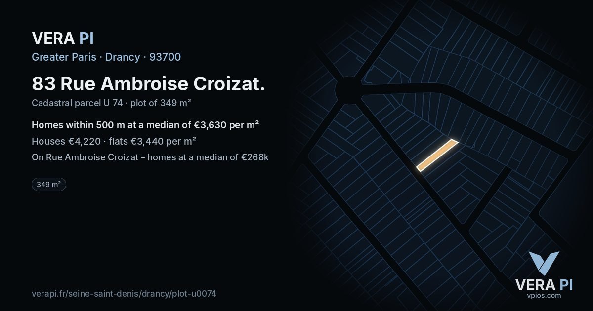 83 Rue Ambroise Croizat, Drancy at night – the plot lit, the parcels around coloured by the prices near them