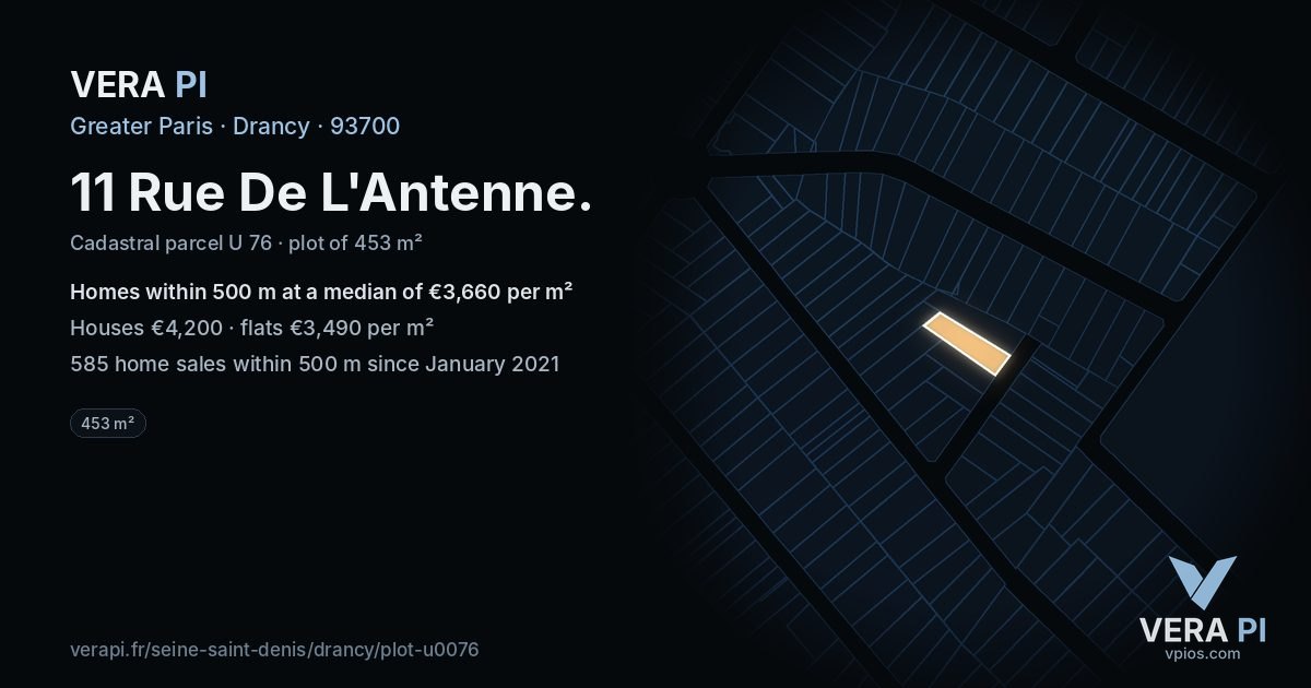 11 Rue De L'Antenne, Drancy at night – the plot lit, the parcels around coloured by the prices near them