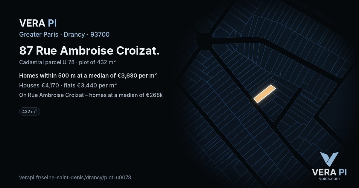 87 Rue Ambroise Croizat, Drancy at night – the plot lit, the parcels around coloured by the prices near them