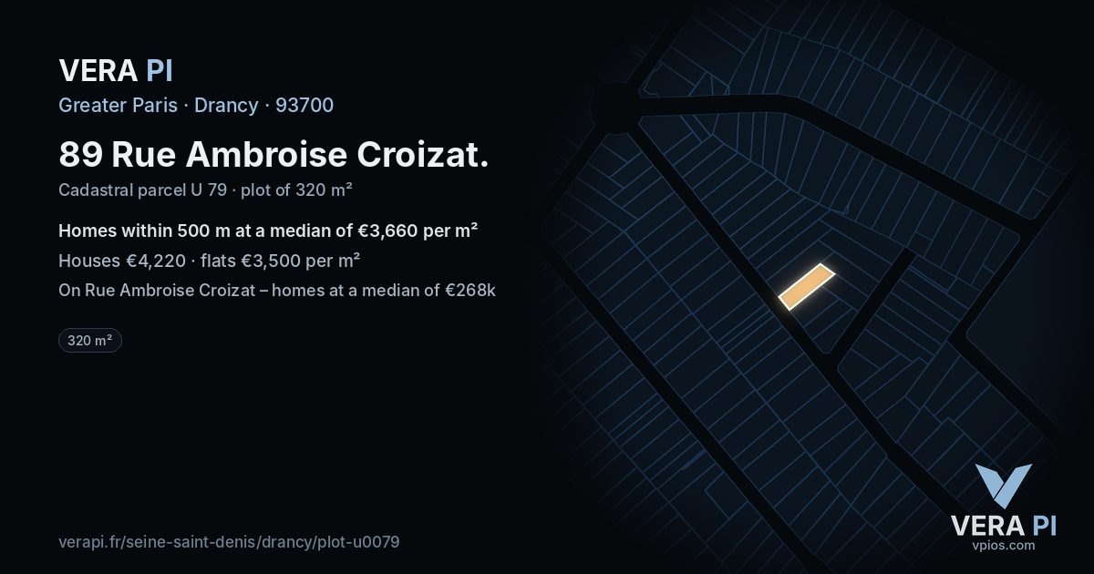 89 Rue Ambroise Croizat, Drancy at night – the plot lit, the parcels around coloured by the prices near them