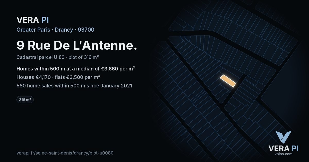 9 Rue De L'Antenne, Drancy at night – the plot lit, the parcels around coloured by the prices near them