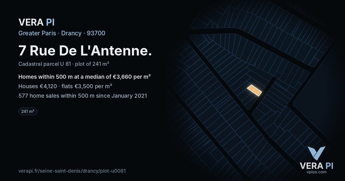 7 Rue De L'Antenne, Drancy at night – the plot lit, the parcels around coloured by the prices near them