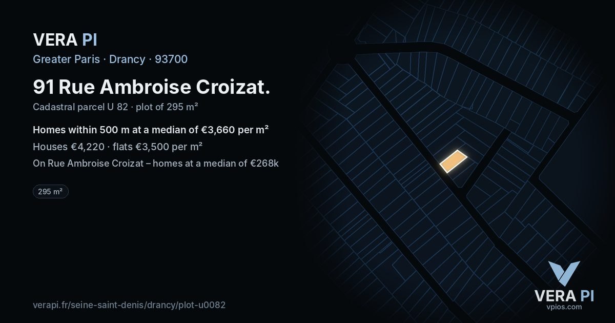 91 Rue Ambroise Croizat, Drancy at night – the plot lit, the parcels around coloured by the prices near them