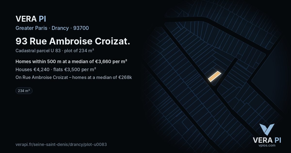 93 Rue Ambroise Croizat, Drancy at night – the plot lit, the parcels around coloured by the prices near them