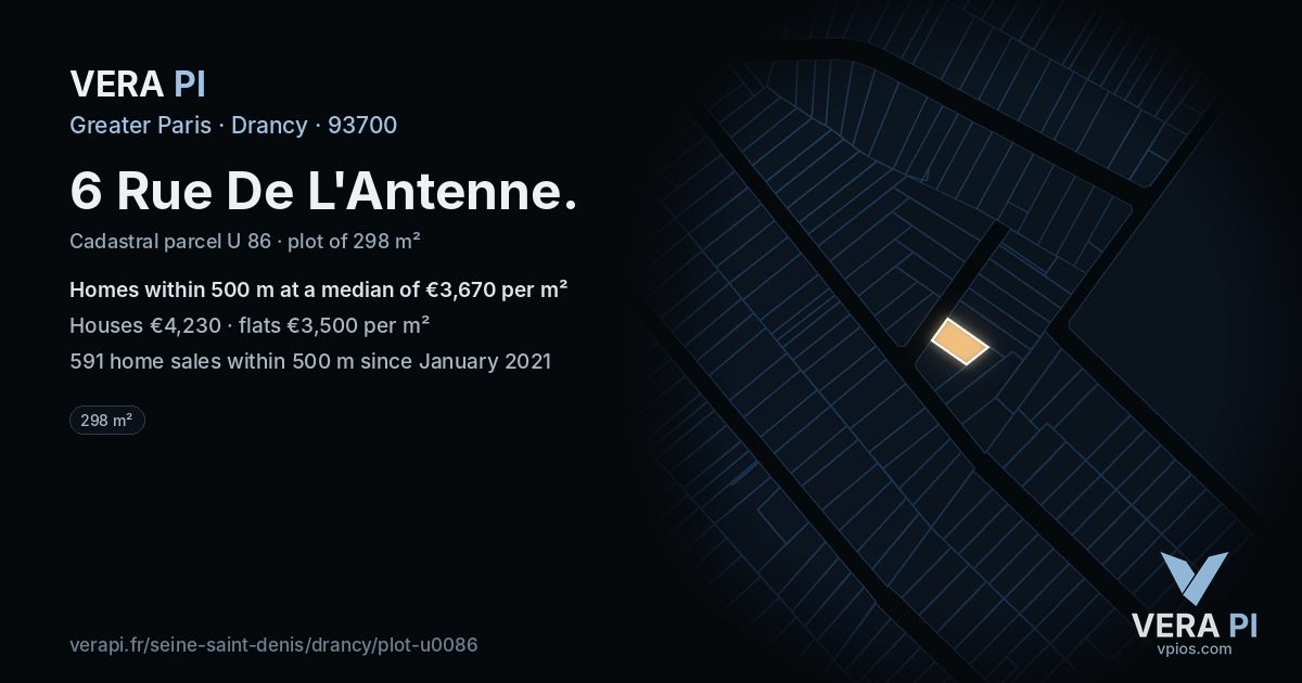 6 Rue De L'Antenne, Drancy at night – the plot lit, the parcels around coloured by the prices near them