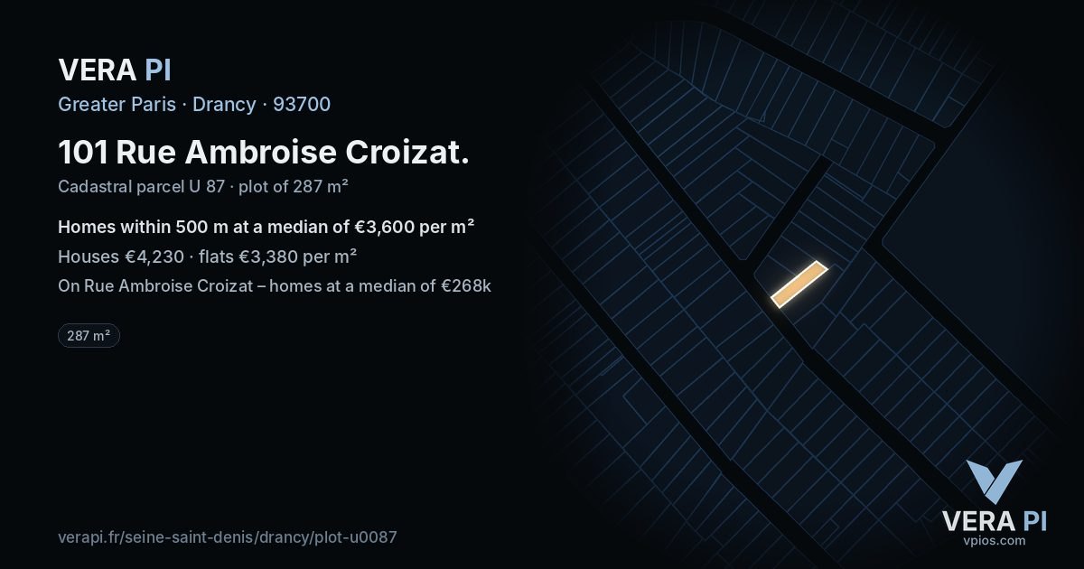 101 Rue Ambroise Croizat, Drancy at night – the plot lit, the parcels around coloured by the prices near them