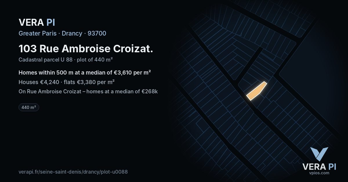 103 Rue Ambroise Croizat, Drancy at night – the plot lit, the parcels around coloured by the prices near them
