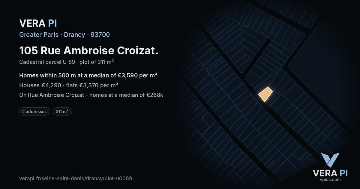 105 Rue Ambroise Croizat, Drancy at night – the plot lit, the parcels around coloured by the prices near them
