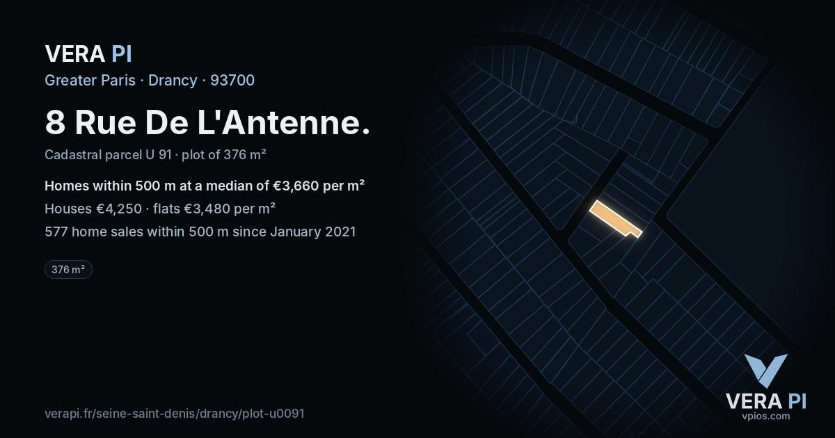 8 Rue De L'Antenne, Drancy at night – the plot lit, the parcels around coloured by the prices near them