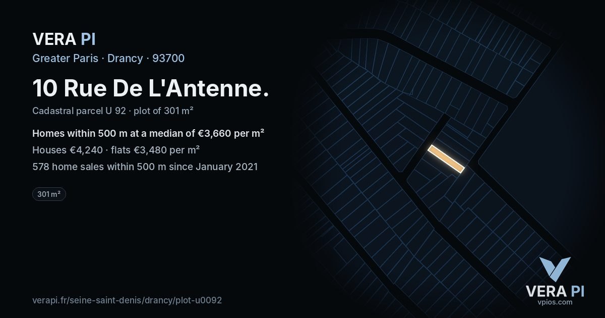 10 Rue De L'Antenne, Drancy at night – the plot lit, the parcels around coloured by the prices near them