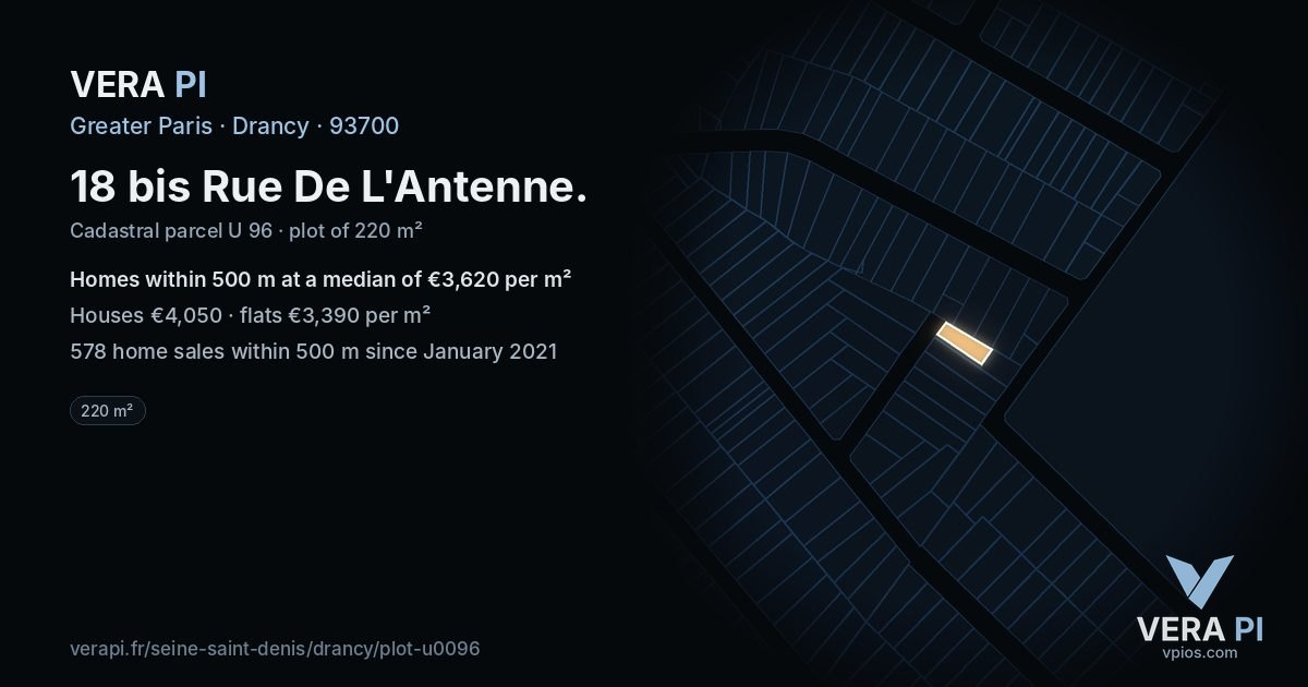 18 bis Rue De L'Antenne, Drancy at night – the plot lit, the parcels around coloured by the prices near them