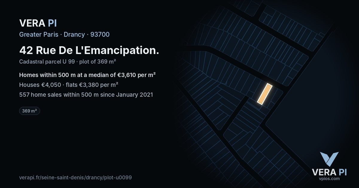 42 Rue De L'Emancipation, Drancy at night – the plot lit, the parcels around coloured by the prices near them
