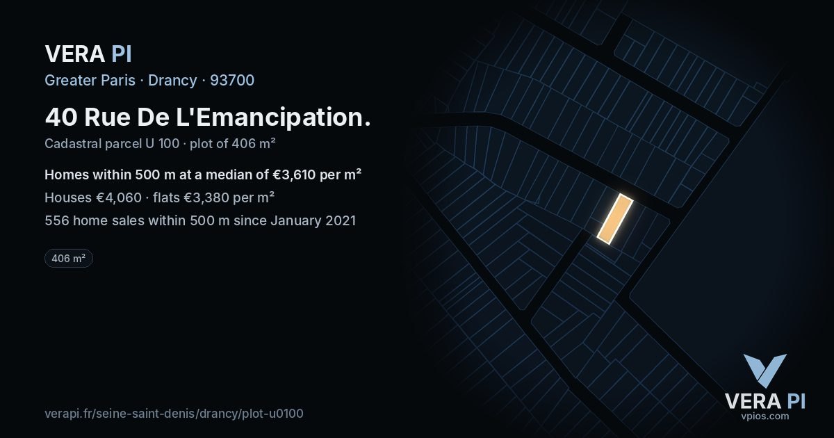 40 Rue De L'Emancipation, Drancy at night – the plot lit, the parcels around coloured by the prices near them