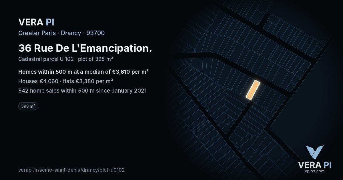 36 Rue De L'Emancipation, Drancy at night – the plot lit, the parcels around coloured by the prices near them