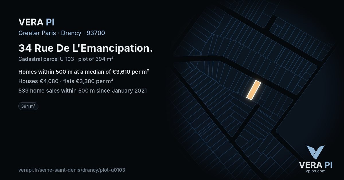 34 Rue De L'Emancipation, Drancy at night – the plot lit, the parcels around coloured by the prices near them