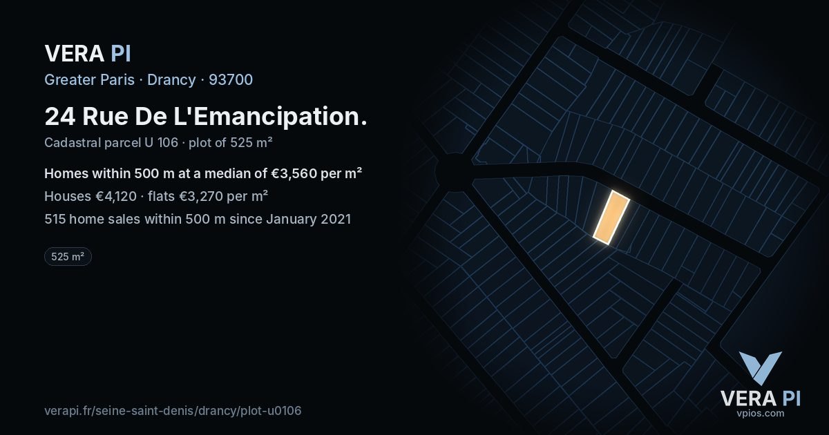 24 Rue De L'Emancipation, Drancy at night – the plot lit, the parcels around coloured by the prices near them