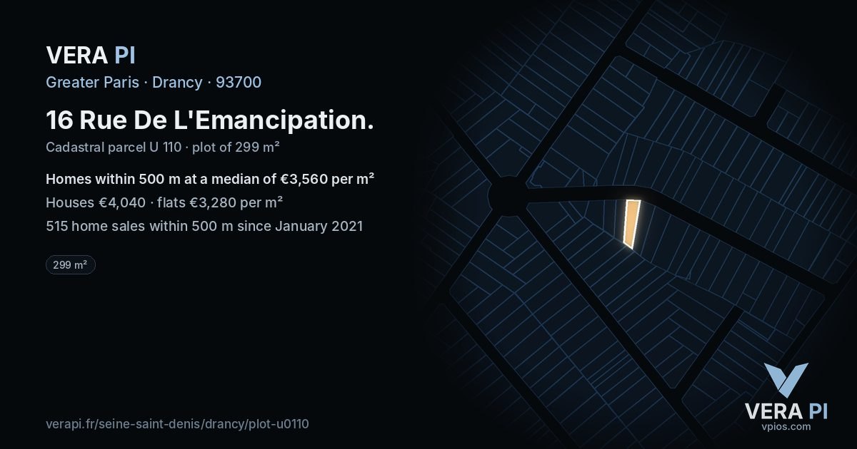 16 Rue De L'Emancipation, Drancy at night – the plot lit, the parcels around coloured by the prices near them