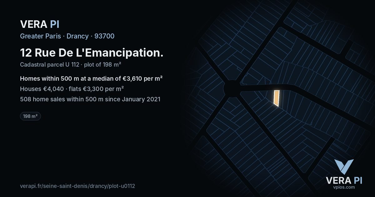 12 Rue De L'Emancipation, Drancy at night – the plot lit, the parcels around coloured by the prices near them
