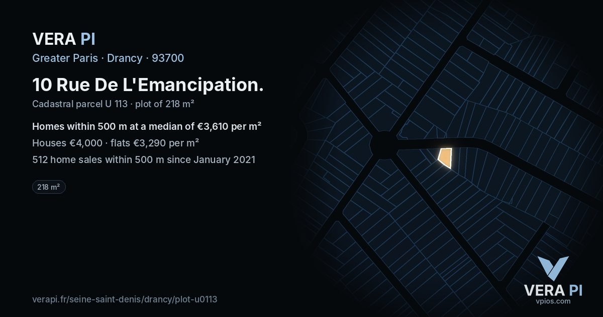 10 Rue De L'Emancipation, Drancy at night – the plot lit, the parcels around coloured by the prices near them