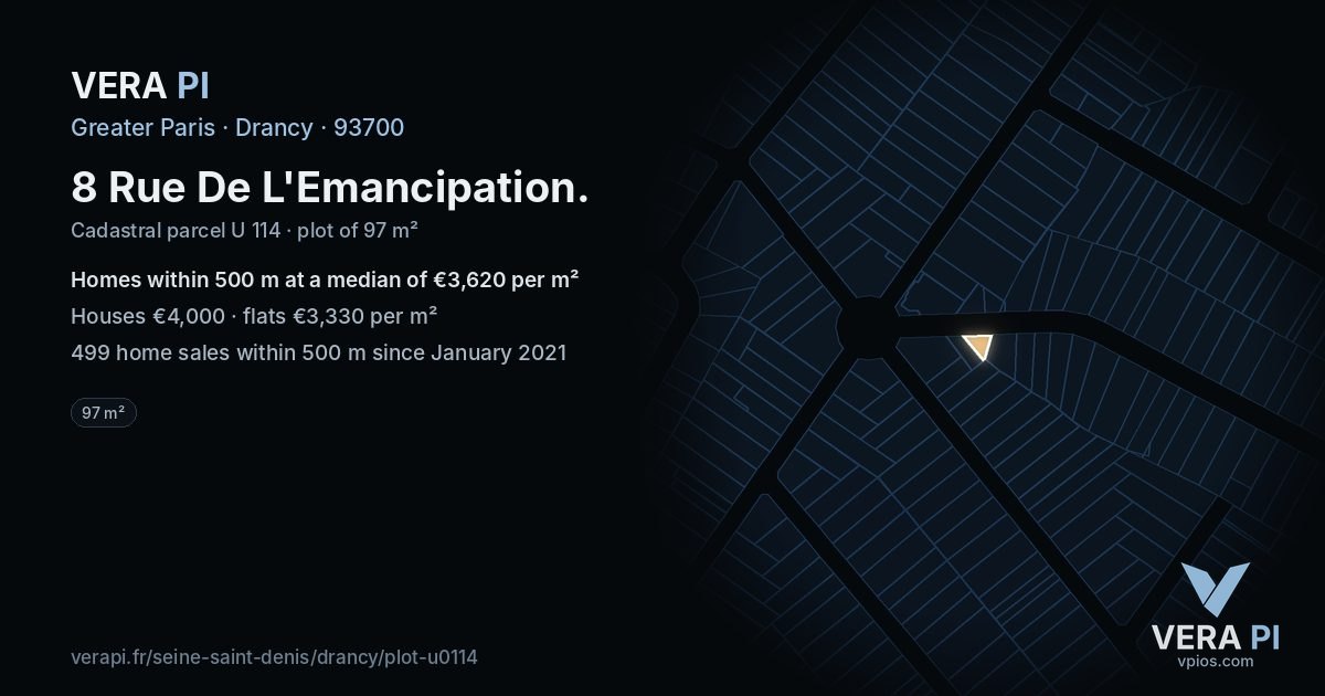 8 Rue De L'Emancipation, Drancy at night – the plot lit, the parcels around coloured by the prices near them
