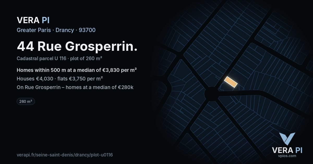 44 Rue Grosperrin, Drancy at night – the plot lit, the parcels around coloured by the prices near them
