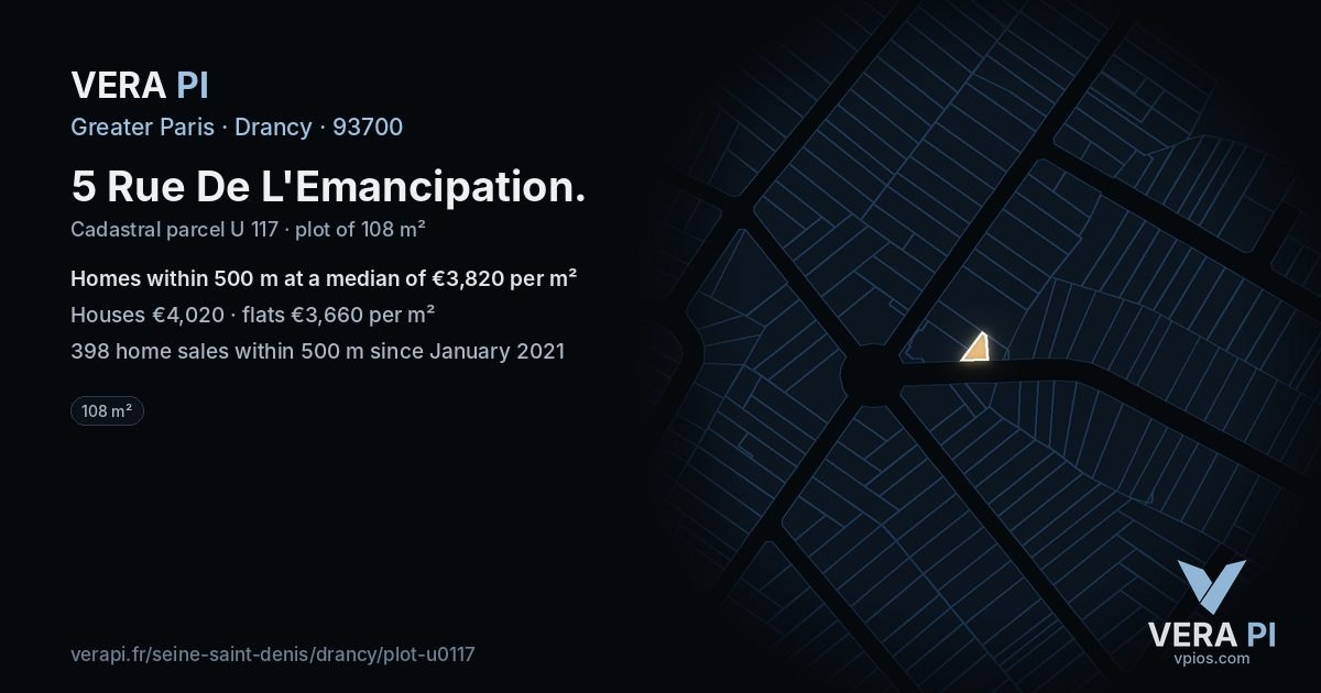 5 Rue De L'Emancipation, Drancy at night – the plot lit, the parcels around coloured by the prices near them