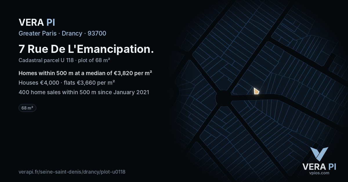 7 Rue De L'Emancipation, Drancy at night – the plot lit, the parcels around coloured by the prices near them