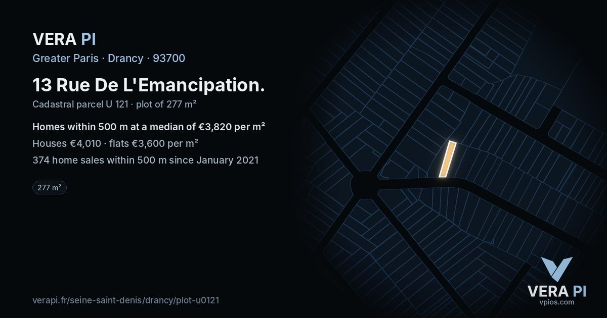 13 Rue De L'Emancipation, Drancy at night – the plot lit, the parcels around coloured by the prices near them