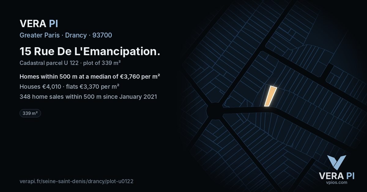 15 Rue De L'Emancipation, Drancy at night – the plot lit, the parcels around coloured by the prices near them
