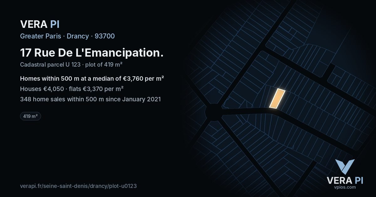 17 Rue De L'Emancipation, Drancy at night – the plot lit, the parcels around coloured by the prices near them