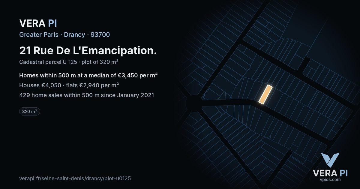 21 Rue De L'Emancipation, Drancy at night – the plot lit, the parcels around coloured by the prices near them